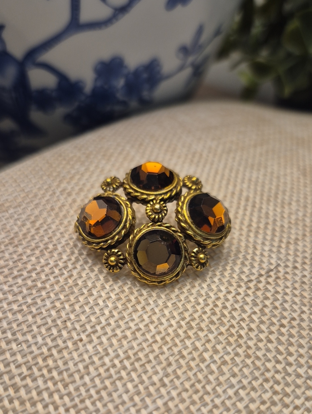 Vintage Gold Brooch Pendant with Amber Gem Accents Pendant